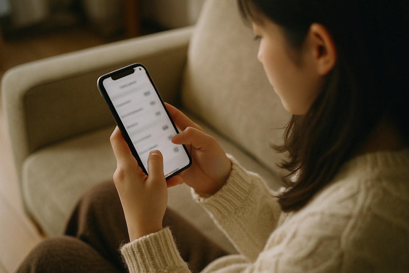ソファでスマートフォンの設定を見る女性
