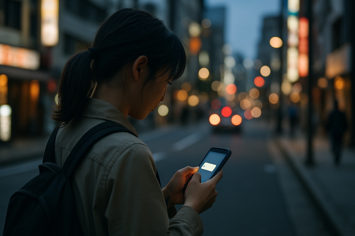 夕方の街でスマートフォンを見る女性